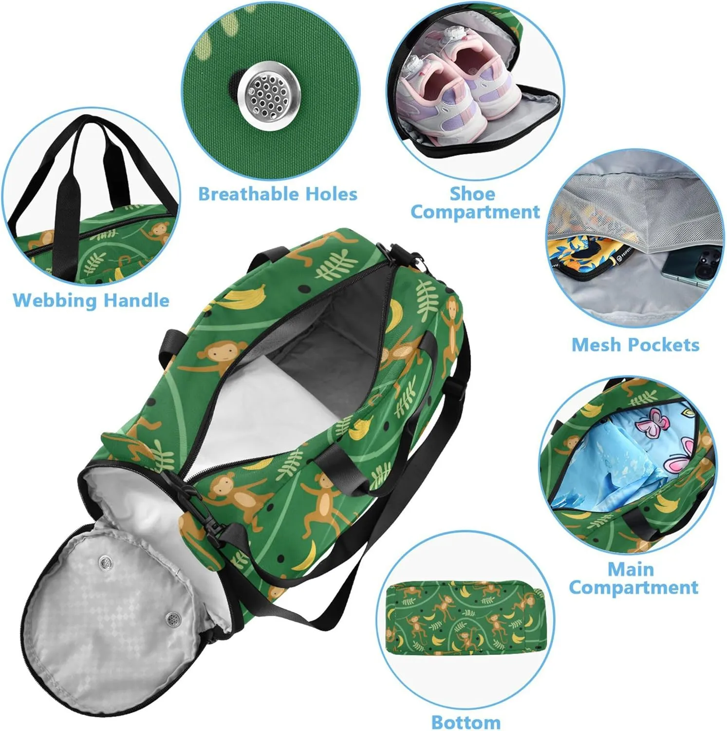 Monkeys Banana Leaves Girl's Gym Duffel Bag with Shoes Compartment Multifunctional Weekender Overnight Duffel Bag for Travel, Swimming, Dance, Ballet