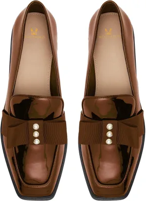 MOOMMO Women Low Chunky Heel Bow Loafers Patent Slip On Square Toe Loafer Pumps Pearl 1 inch Block Heel Dress Shoes Comfort Office Ladies Oxford Loafer Shoes Bow Cute Office 4-11 M US