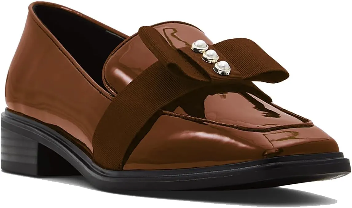 MOOMMO Women Low Chunky Heel Bow Loafers Patent Slip On Square Toe Loafer Pumps Pearl 1 inch Block Heel Dress Shoes Comfort Office Ladies Oxford Loafer Shoes Bow Cute Office 4-11 M US