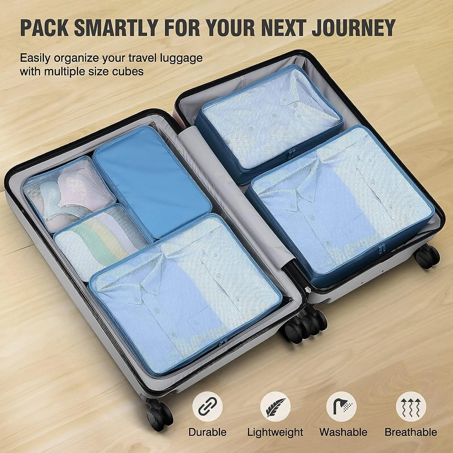 Mossio 6 Set Packing Cubes with Shoe Bag - Lightweight Travel Luggage Suitcase Organizers