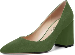 MOVINSTEPS Womens Dating Slip On Dress Pointed Toe Suede Block High Heel Pumps Shoes 3.3 Inch