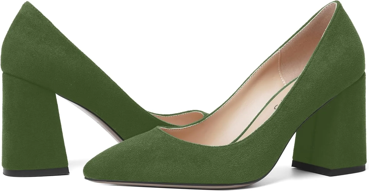 MOVINSTEPS Womens Dating Slip On Dress Pointed Toe Suede Block High Heel Pumps Shoes 3.3 Inch