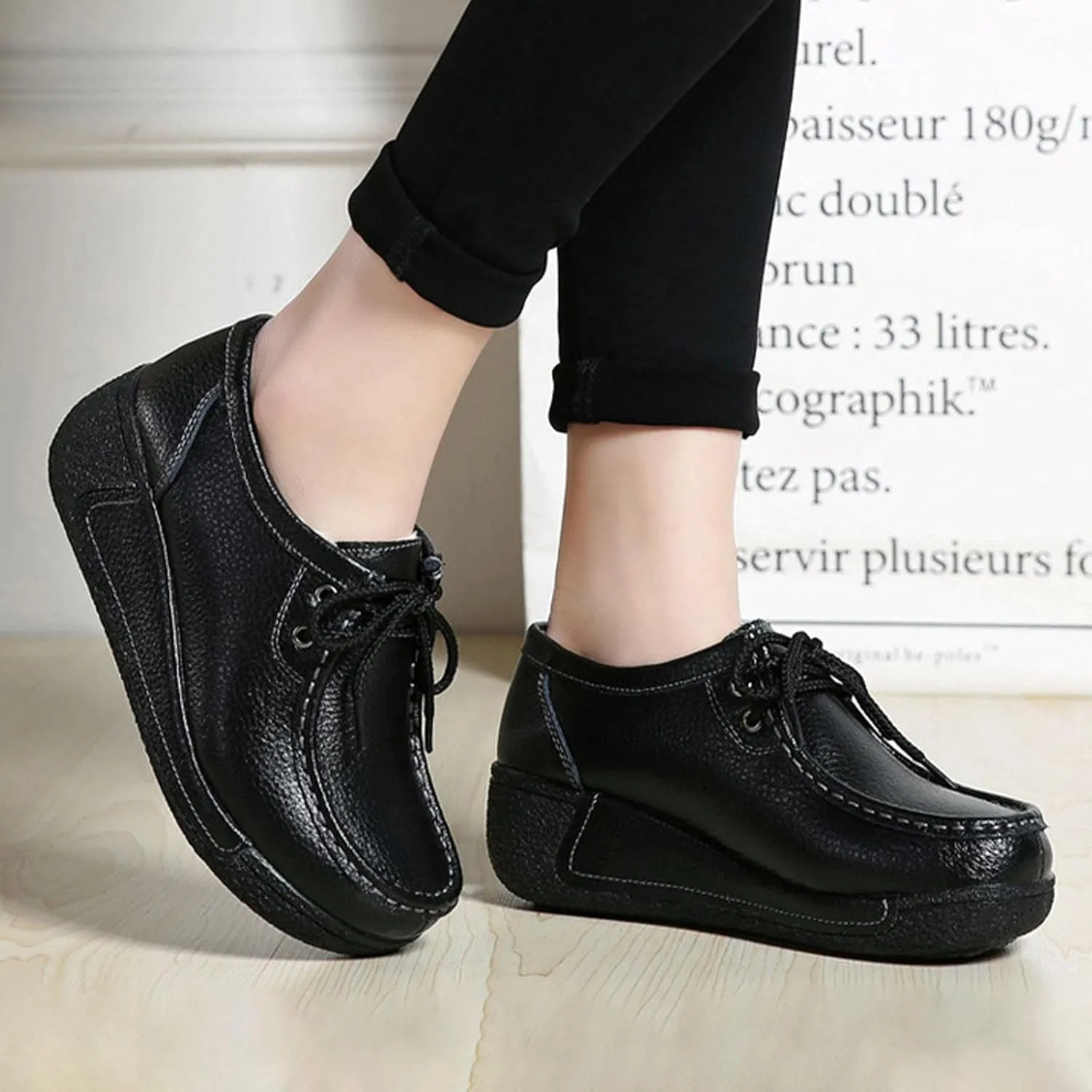 MOYOWEI Women's Leather Platform Wedge Sneakers,Comfort Moc Toe Non-Slip Softsole Lace-up Casual Walking Loafers Boat Shoes