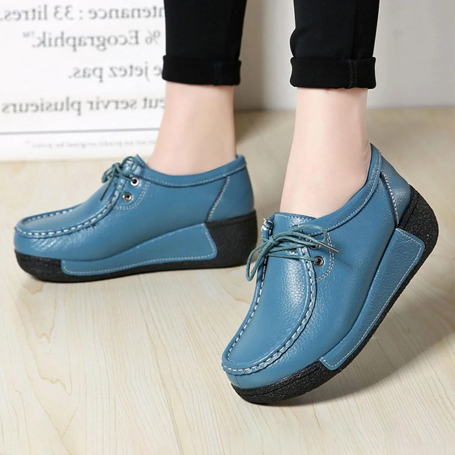 MOYOWEI Women's Leather Platform Wedge Sneakers,Comfort Moc Toe Non-Slip Softsole Lace-up Casual Walking Loafers Boat Shoes