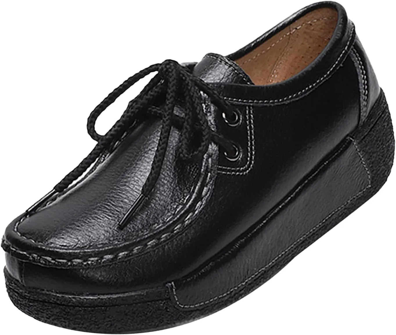 MOYOWEI Women's Leather Platform Wedge Sneakers,Comfort Moc Toe Non-Slip Softsole Lace-up Casual Walking Loafers Boat Shoes
