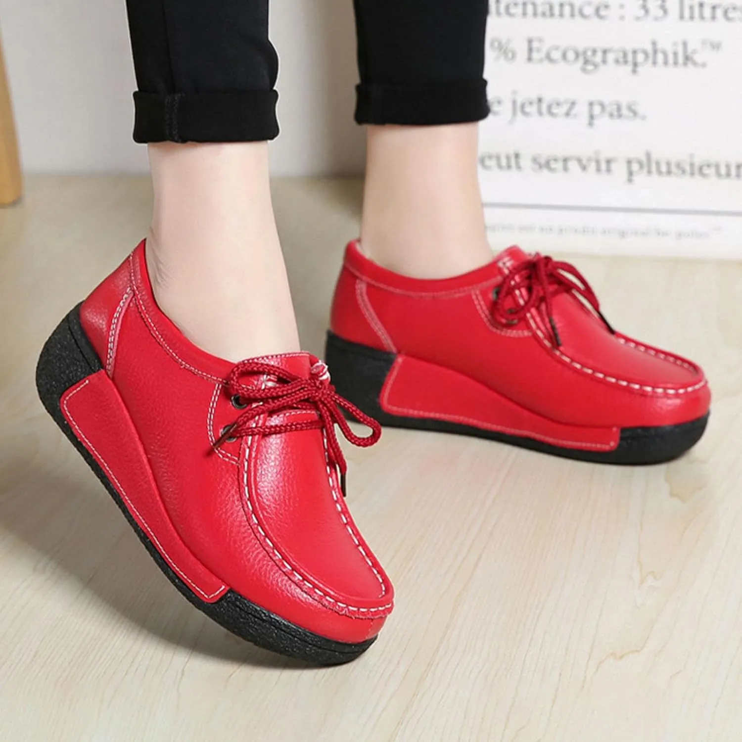 MOYOWEI Women's Leather Platform Wedge Sneakers,Comfort Moc Toe Non-Slip Softsole Lace-up Casual Walking Loafers Boat Shoes