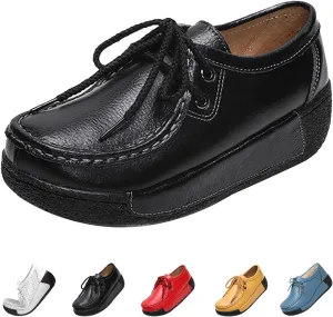 MOYOWEI Women's Leather Platform Wedge Sneakers,Comfort Moc Toe Non-Slip Softsole Lace-up Casual Walking Loafers Boat Shoes