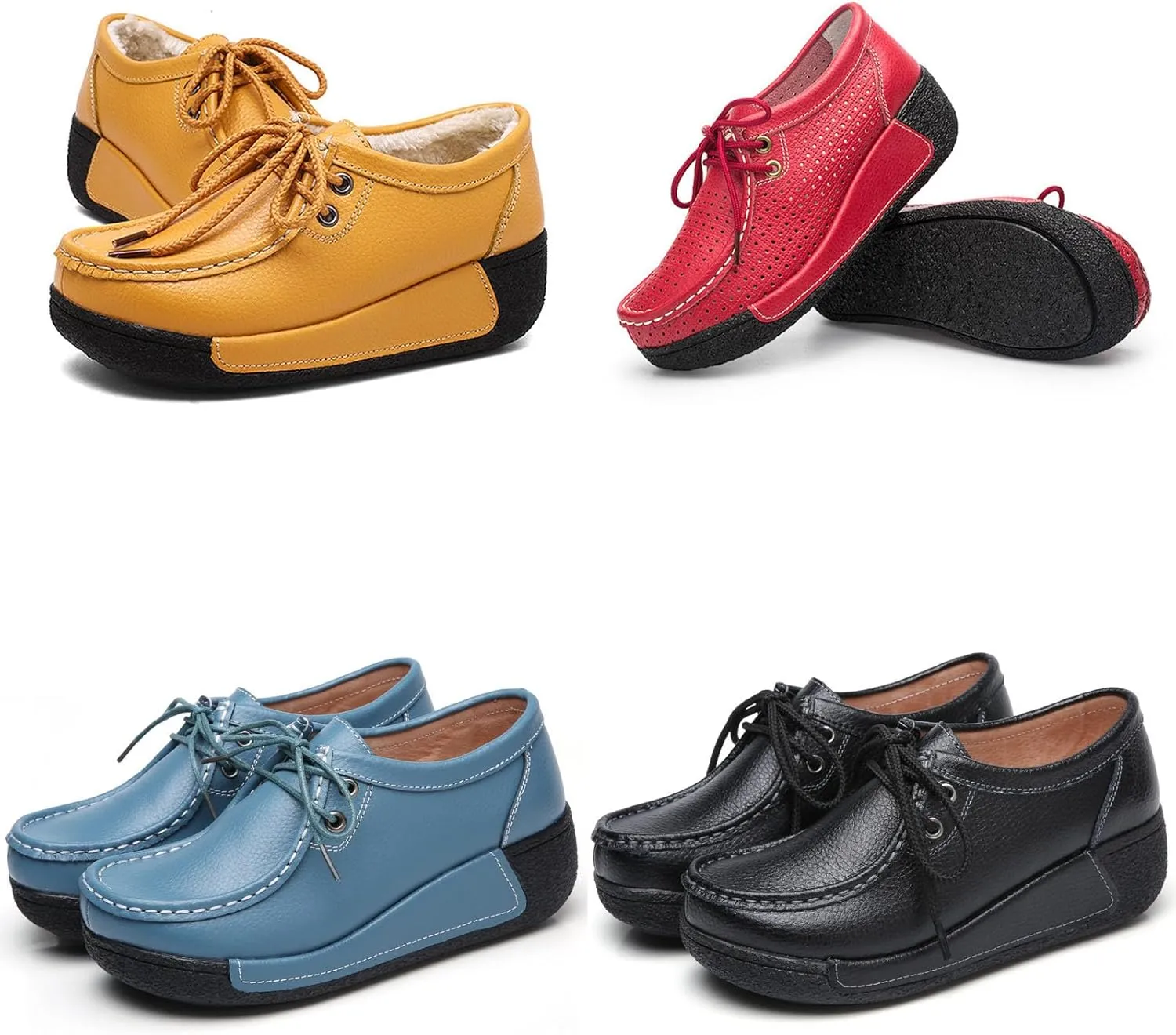 MOYOWEI Women's Leather Platform Wedge Sneakers,Comfort Moc Toe Non-Slip Softsole Lace-up Casual Walking Loafers Boat Shoes