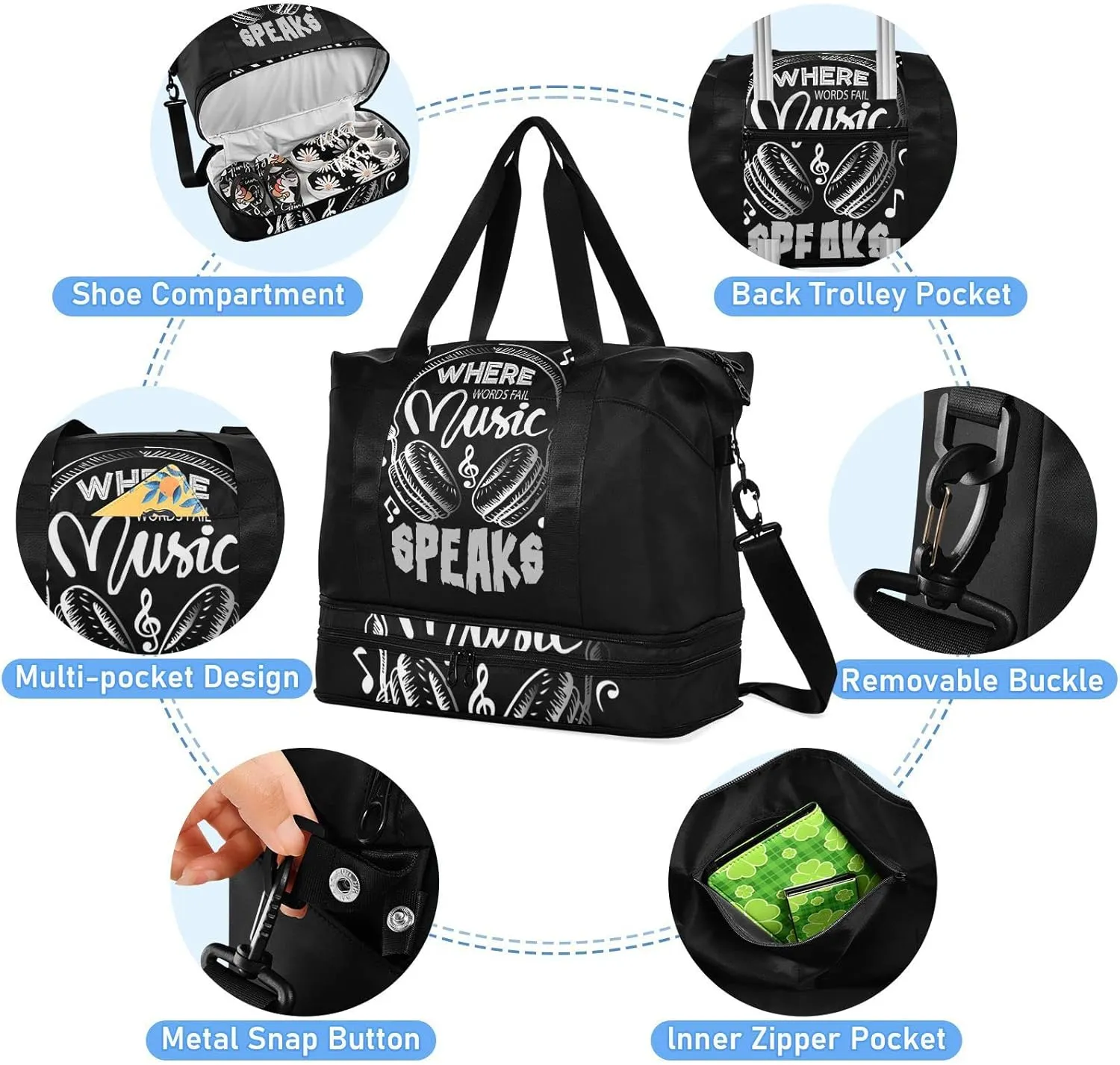 Music Notes Earphone with Where Words Fail, Music Speaks on Black Foldable Travel Bag, Camping Luggage bag, Portable Gym Bag, Sports Bag, Toiletry Bag with Handles Adjustable Shoulder Strap