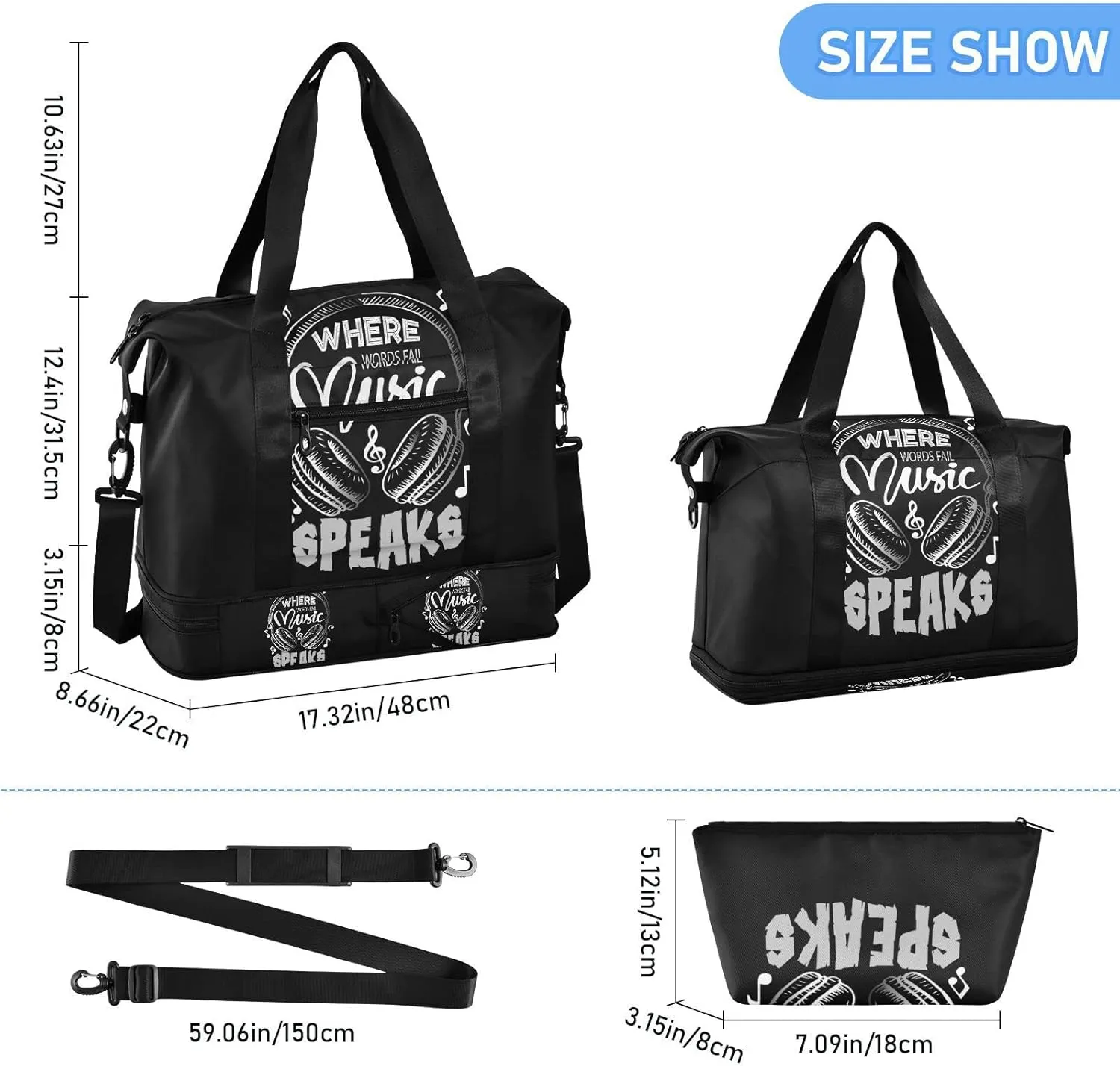 Music Notes Earphone with Where Words Fail, Music Speaks on Black Foldable Travel Bag, Camping Luggage bag, Portable Gym Bag, Sports Bag, Toiletry Bag with Handles Adjustable Shoulder Strap