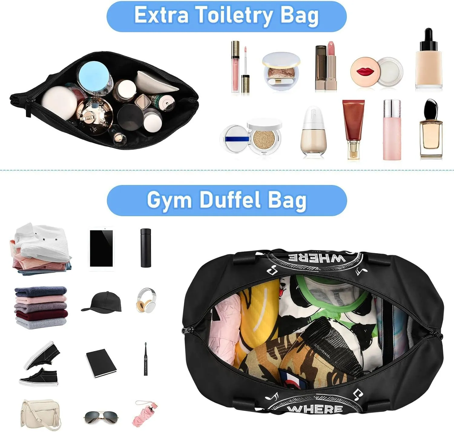 Music Notes Earphone with Where Words Fail, Music Speaks on Black Foldable Travel Bag, Camping Luggage bag, Portable Gym Bag, Sports Bag, Toiletry Bag with Handles Adjustable Shoulder Strap