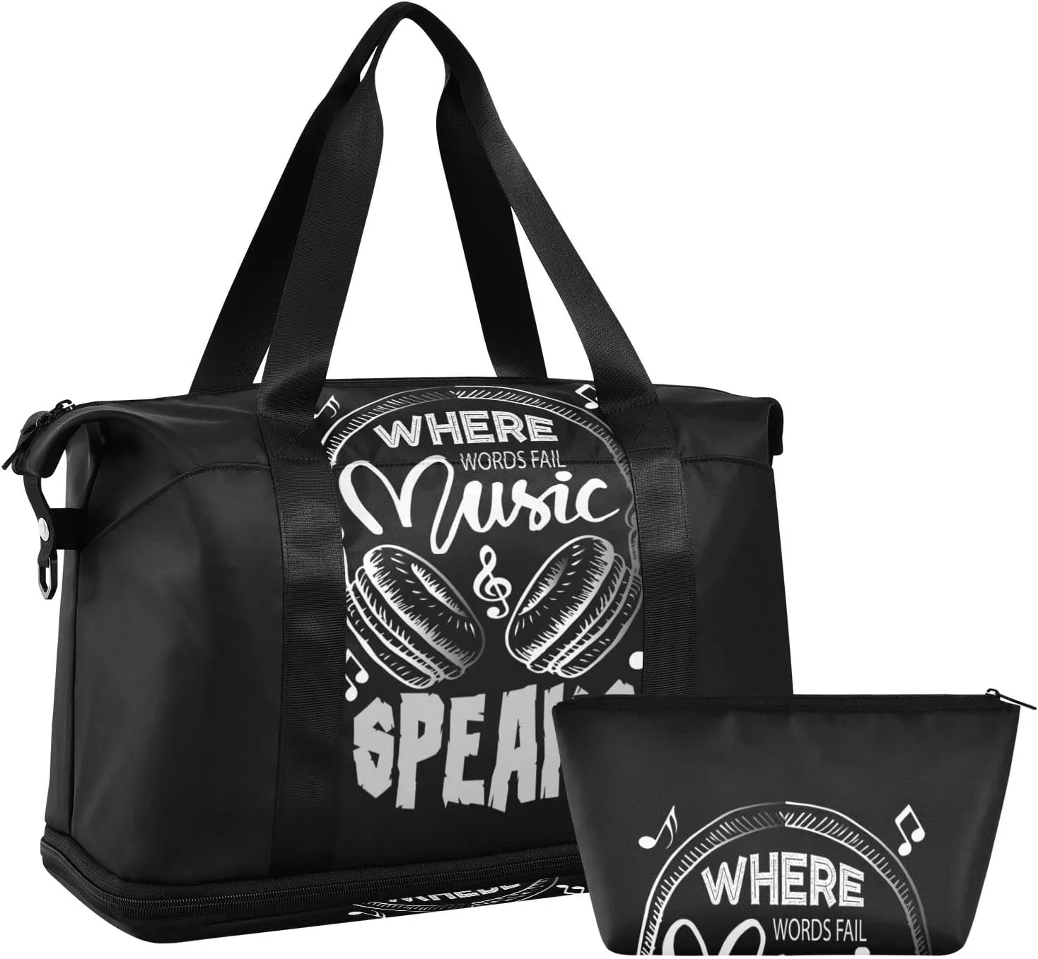 Music Notes Earphone with Where Words Fail, Music Speaks on Black Foldable Travel Bag, Camping Luggage bag, Portable Gym Bag, Sports Bag, Toiletry Bag with Handles Adjustable Shoulder Strap