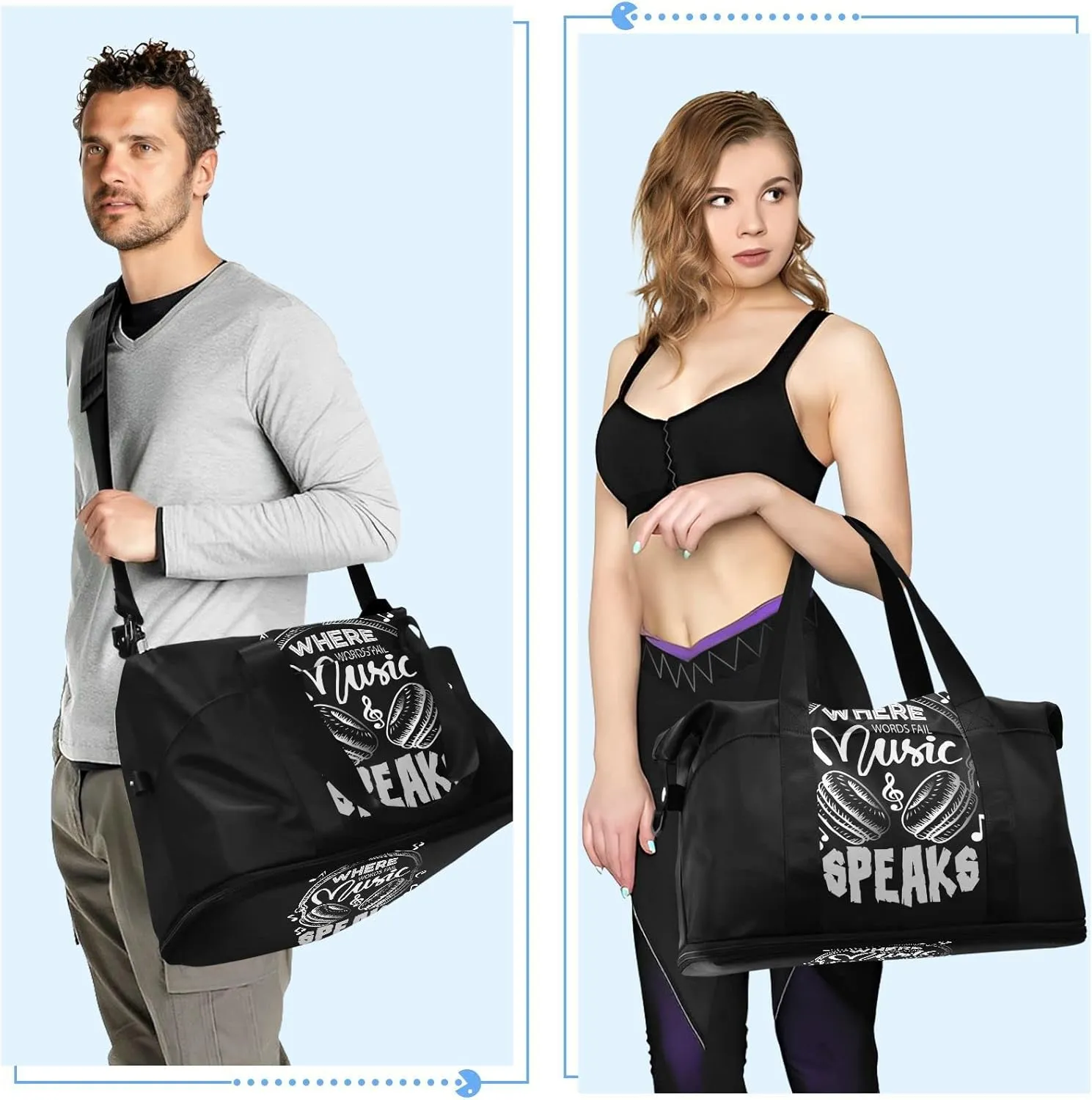 Music Notes Earphone with Where Words Fail, Music Speaks on Black Foldable Travel Bag, Camping Luggage bag, Portable Gym Bag, Sports Bag, Toiletry Bag with Handles Adjustable Shoulder Strap