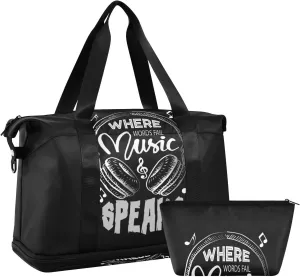 Music Notes Earphone with Where Words Fail, Music Speaks on Black Foldable Travel Bag, Camping Luggage bag, Portable Gym Bag, Sports Bag, Toiletry Bag with Handles Adjustable Shoulder Strap