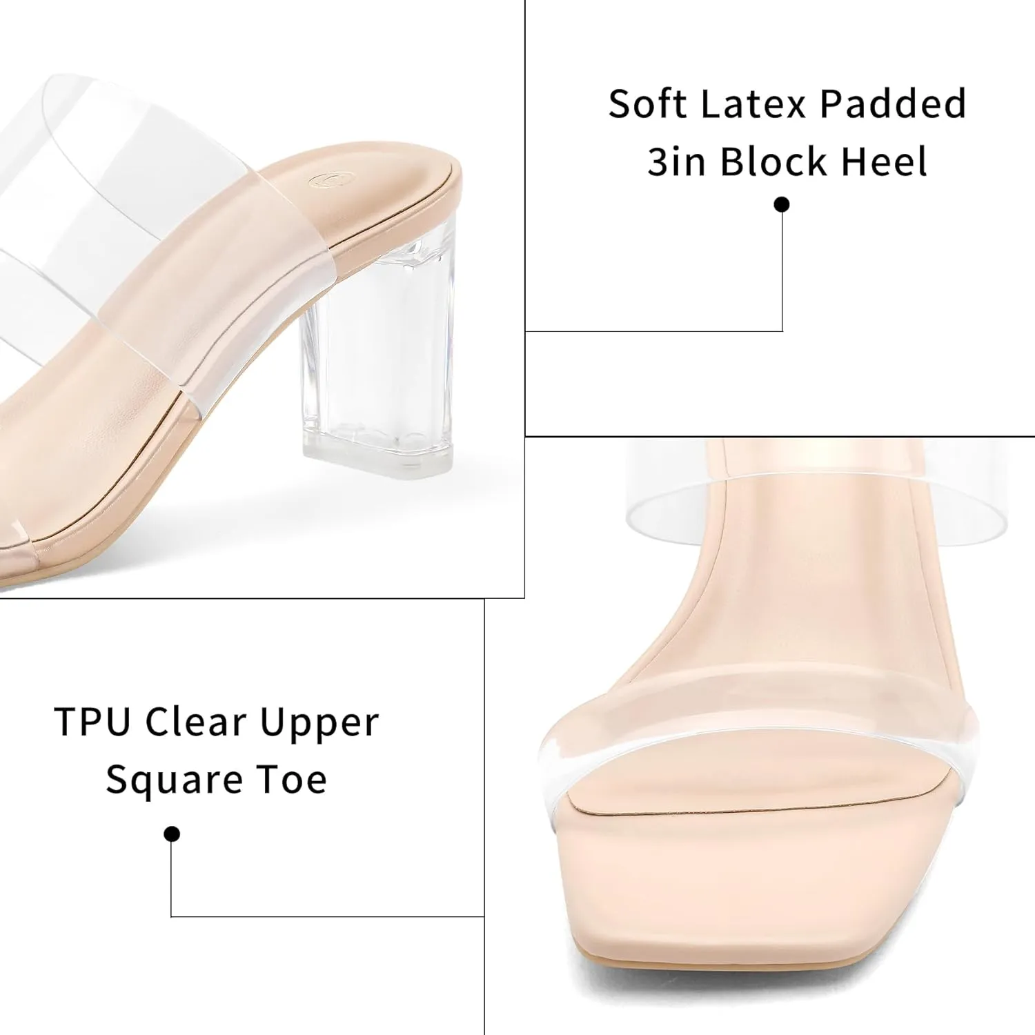 mysoft Clear Heels for Women Transparent Two Strap Block Chunky Square Heel Sandals Open Toe Slip On Sandals