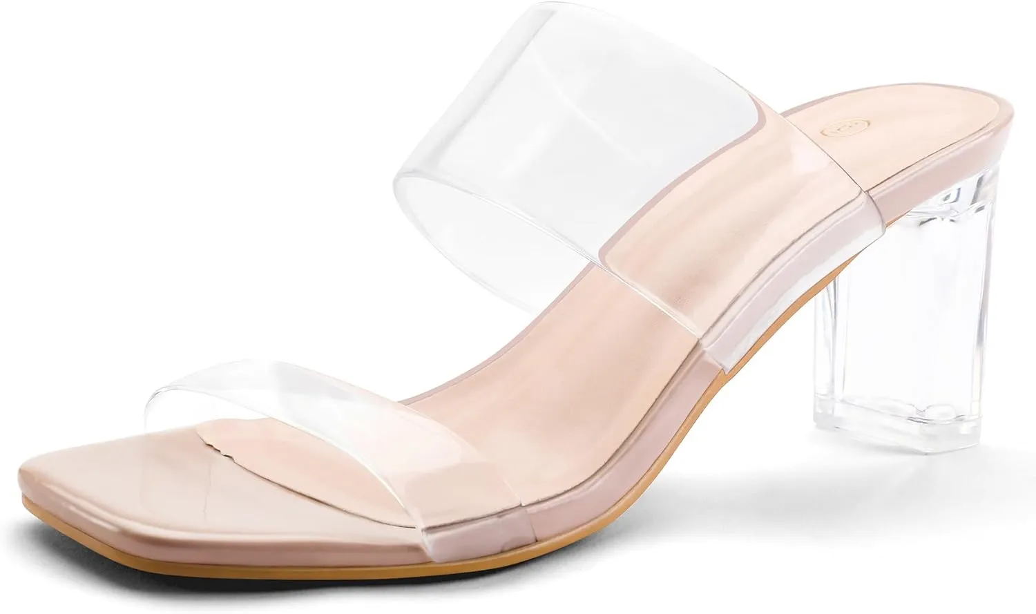 mysoft Clear Heels for Women Transparent Two Strap Block Chunky Square Heel Sandals Open Toe Slip On Sandals