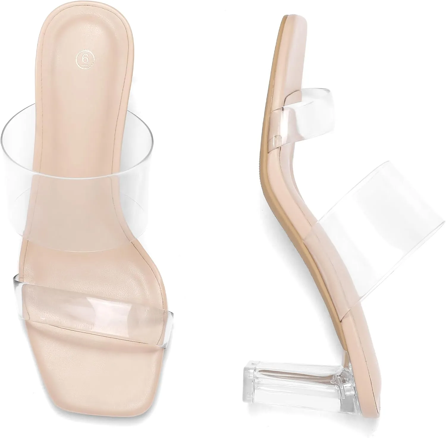 mysoft Clear Heels for Women Transparent Two Strap Block Chunky Square Heel Sandals Open Toe Slip On Sandals