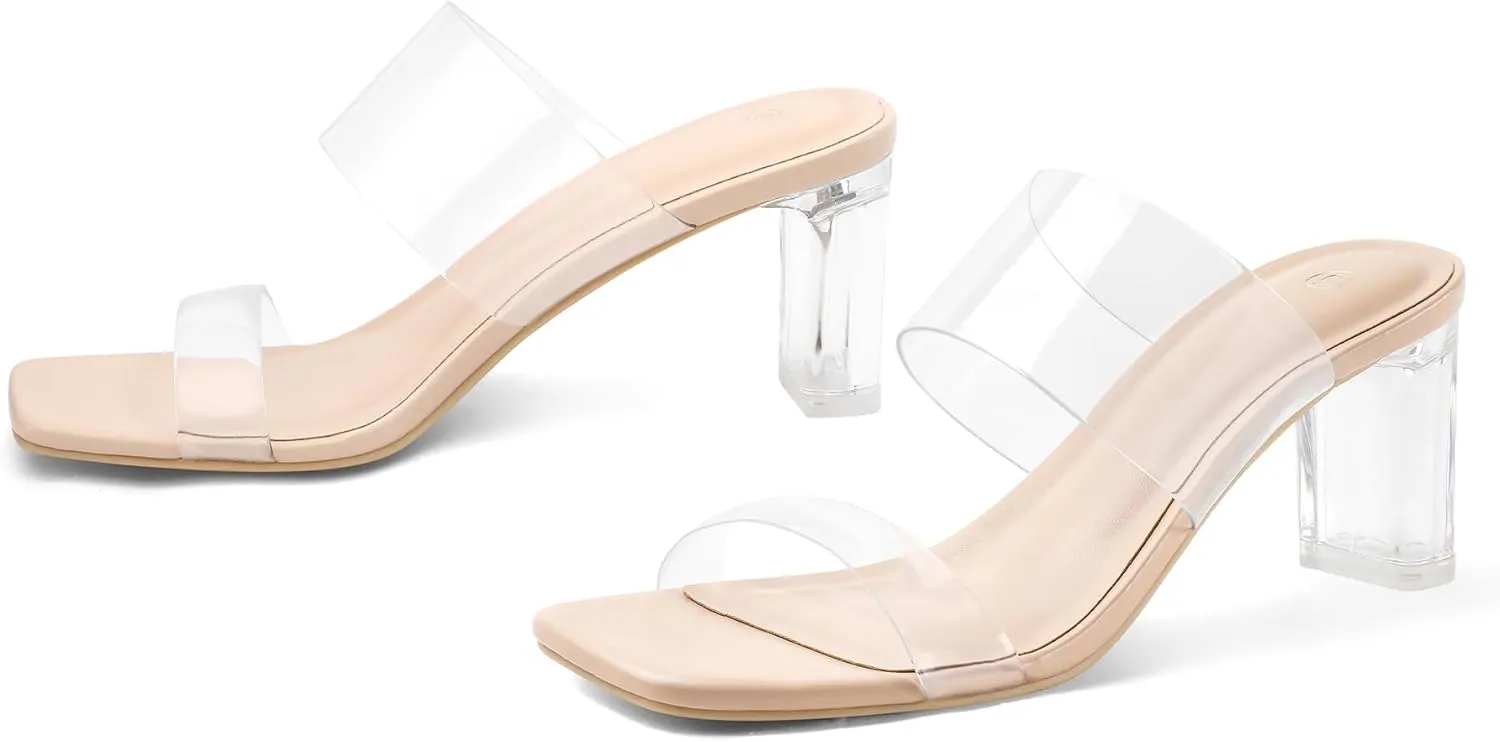 mysoft Clear Heels for Women Transparent Two Strap Block Chunky Square Heel Sandals Open Toe Slip On Sandals