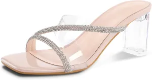 mysoft Clear Heels for Women Transparent Two Strap Block Chunky Square Heel Sandals Open Toe Slip On Sandals