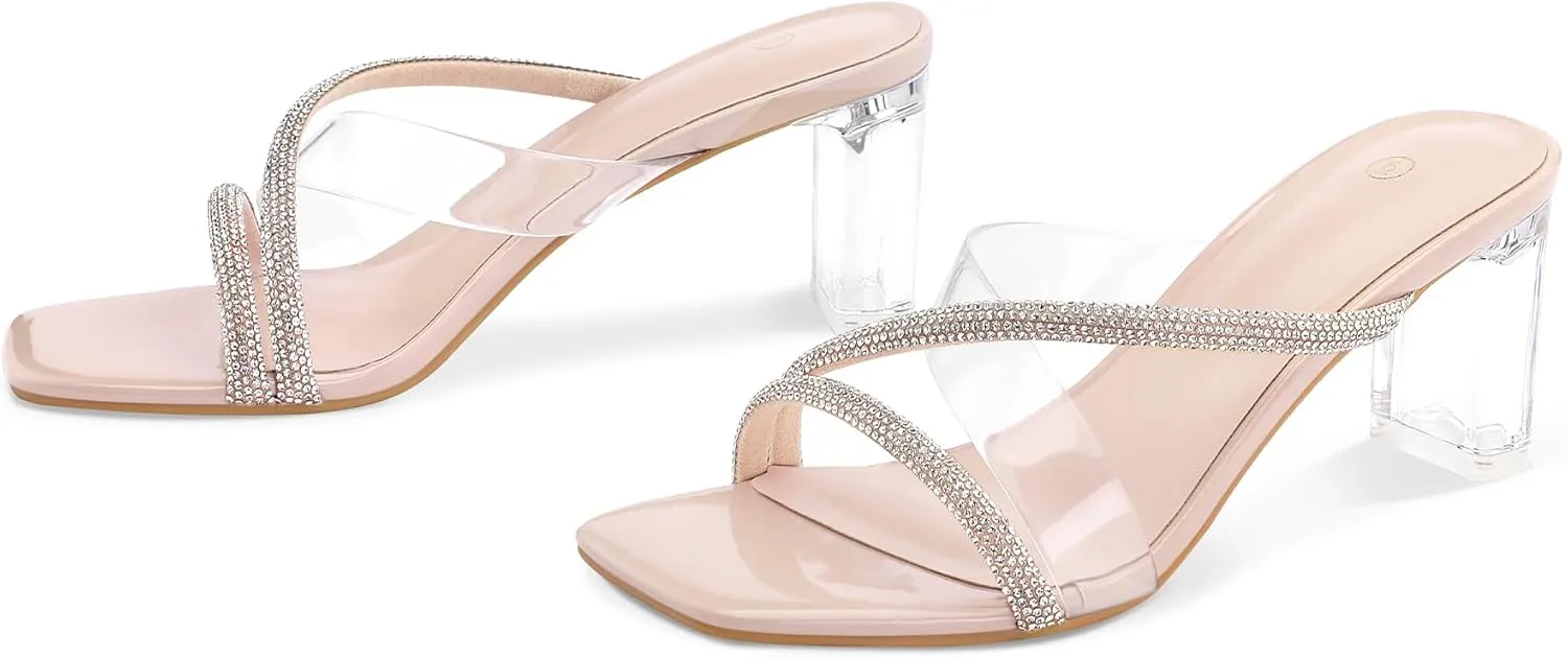mysoft Clear Heels for Women Transparent Two Strap Block Chunky Square Heel Sandals Open Toe Slip On Sandals