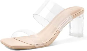 mysoft Clear Heels for Women Transparent Two Strap Block Chunky Square Heel Sandals Open Toe Slip On Sandals