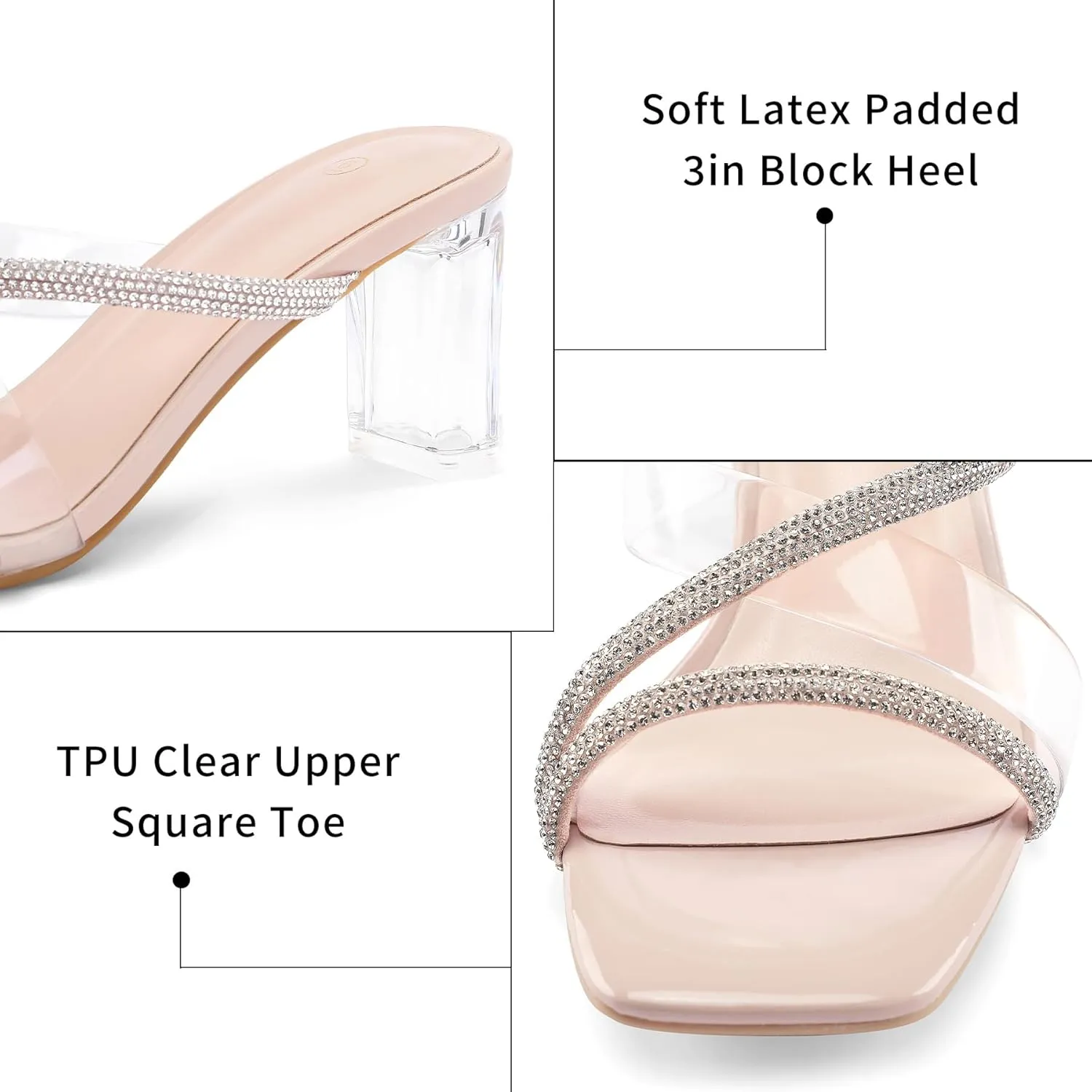 mysoft Clear Heels for Women Transparent Two Strap Block Chunky Square Heel Sandals Open Toe Slip On Sandals