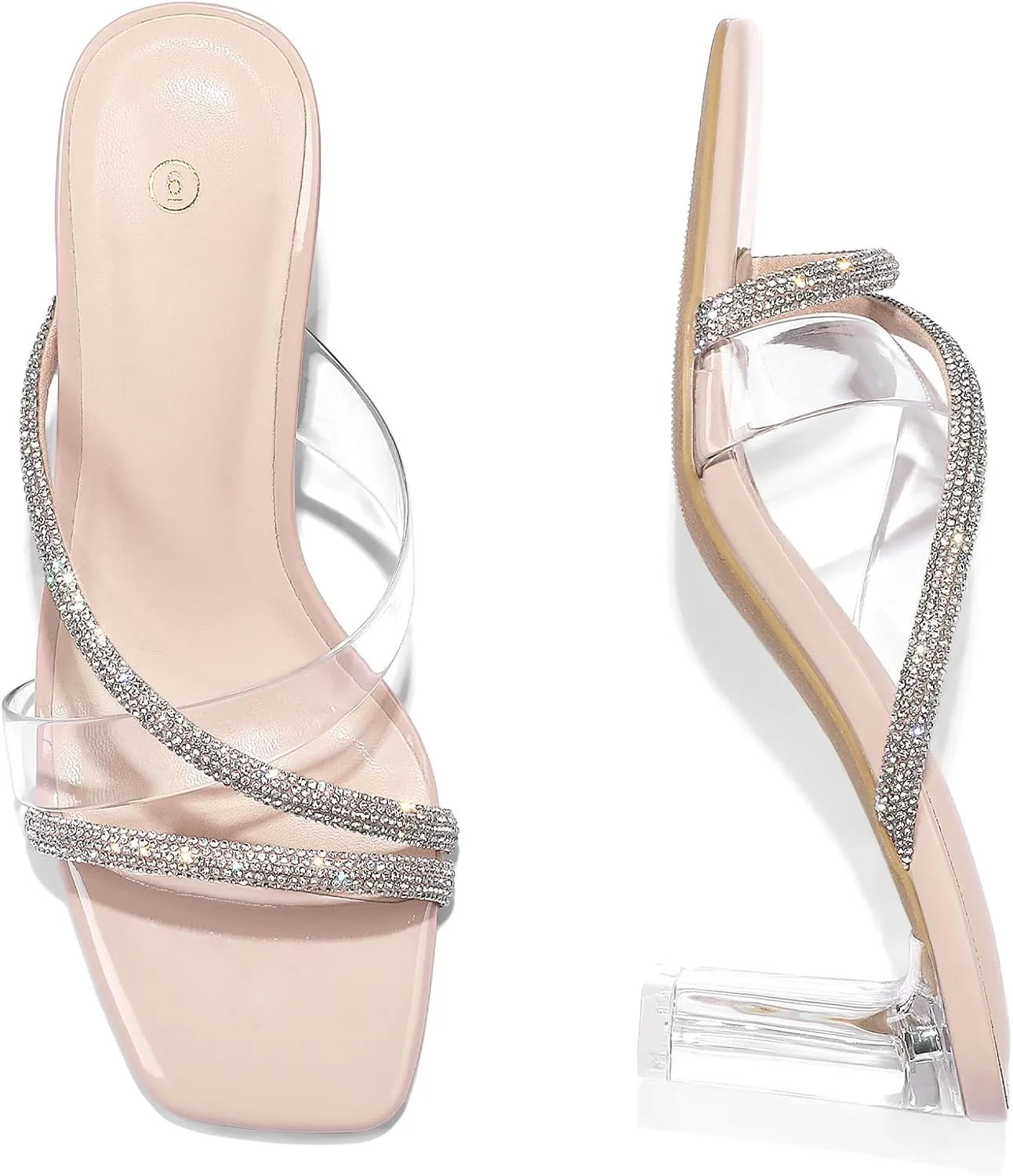 mysoft Clear Heels for Women Transparent Two Strap Block Chunky Square Heel Sandals Open Toe Slip On Sandals