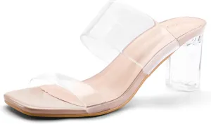 mysoft Clear Heels for Women Transparent Two Strap Block Chunky Square Heel Sandals Open Toe Slip On Sandals
