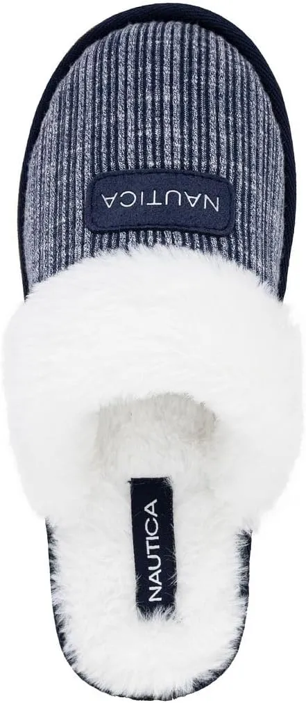 Nautica Women's Cozy Clog Slippers with Plush Faux Fur Collar and Durable Rubber Sole for Indoor & Outdoor Comfort