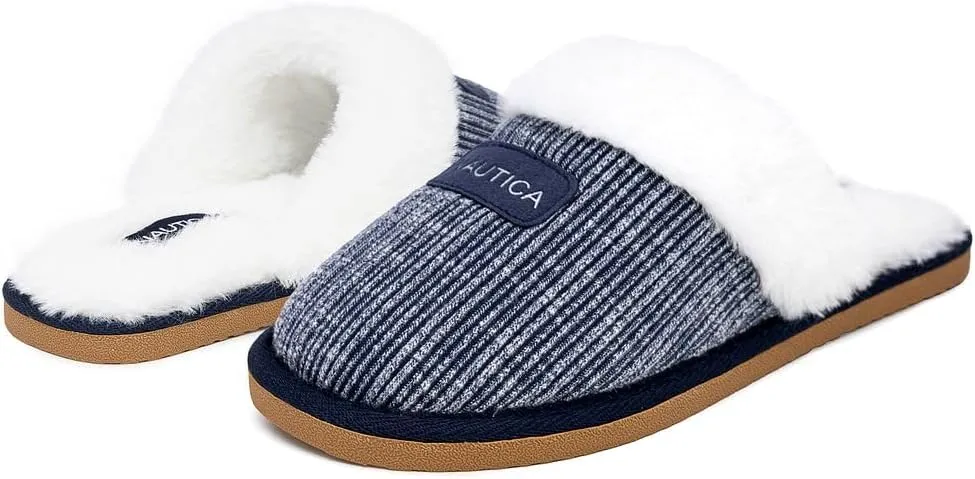 Nautica Women's Cozy Clog Slippers with Plush Faux Fur Collar and Durable Rubber Sole for Indoor & Outdoor Comfort