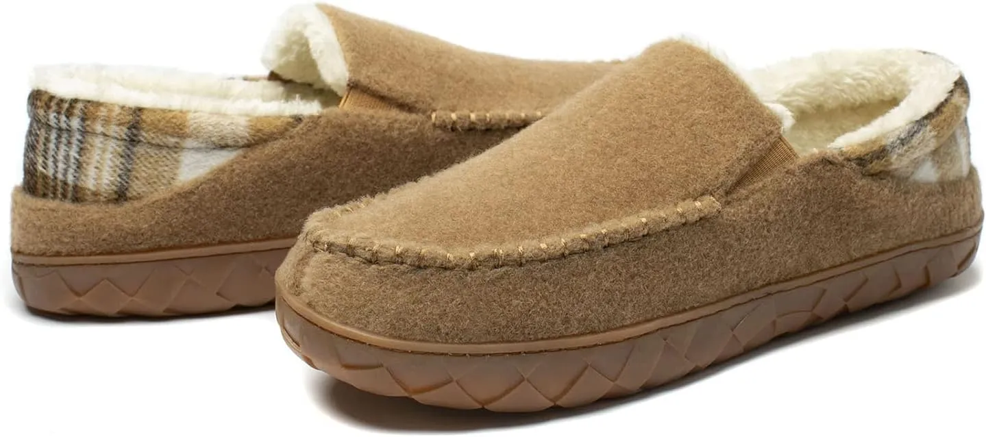NewDenBer Men's Moccasin Slippers Warm Memory Foam Felted Wool Plush Shearling Lined Slip on Indoor Outdoor House Shoes
