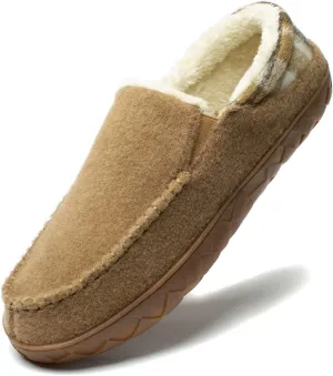 NewDenBer Men's Moccasin Slippers Warm Memory Foam Felted Wool Plush Shearling Lined Slip on Indoor Outdoor House Shoes