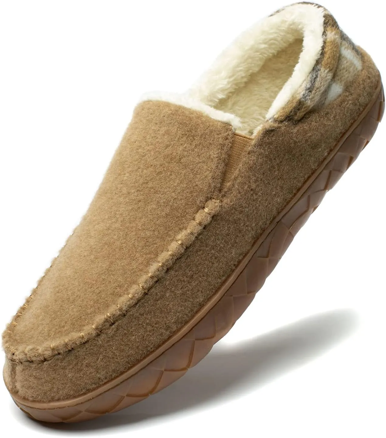 NewDenBer Men's Moccasin Slippers Warm Memory Foam Felted Wool Plush Shearling Lined Slip on Indoor Outdoor House Shoes