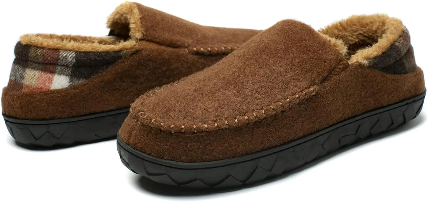 NewDenBer Men's Moccasin Slippers Warm Memory Foam Felted Wool Plush Shearling Lined Slip on Indoor Outdoor House Shoes