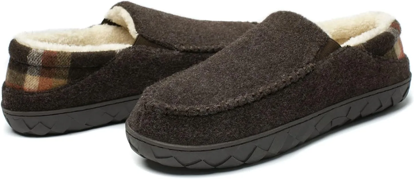 NewDenBer Men's Moccasin Slippers Warm Memory Foam Felted Wool Plush Shearling Lined Slip on Indoor Outdoor House Shoes