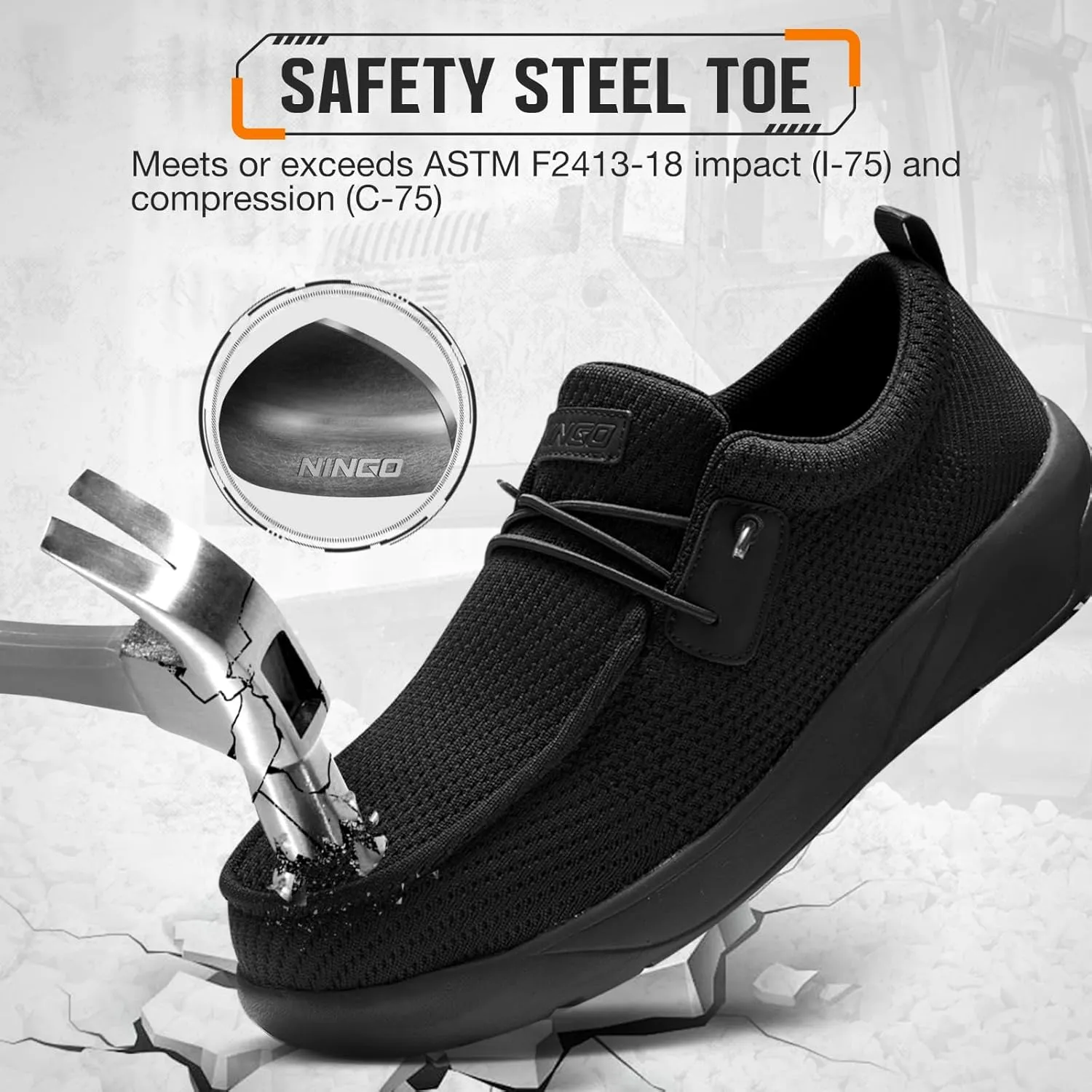 NINGO Steel Toe Shoes for Men, Women Work Shoes, Indestructible Slip on Safety Shoes, Comfortable Lightweight Steel Toe Sneakers Loafers, Oil & Slip Resistant Construction with EH Protection