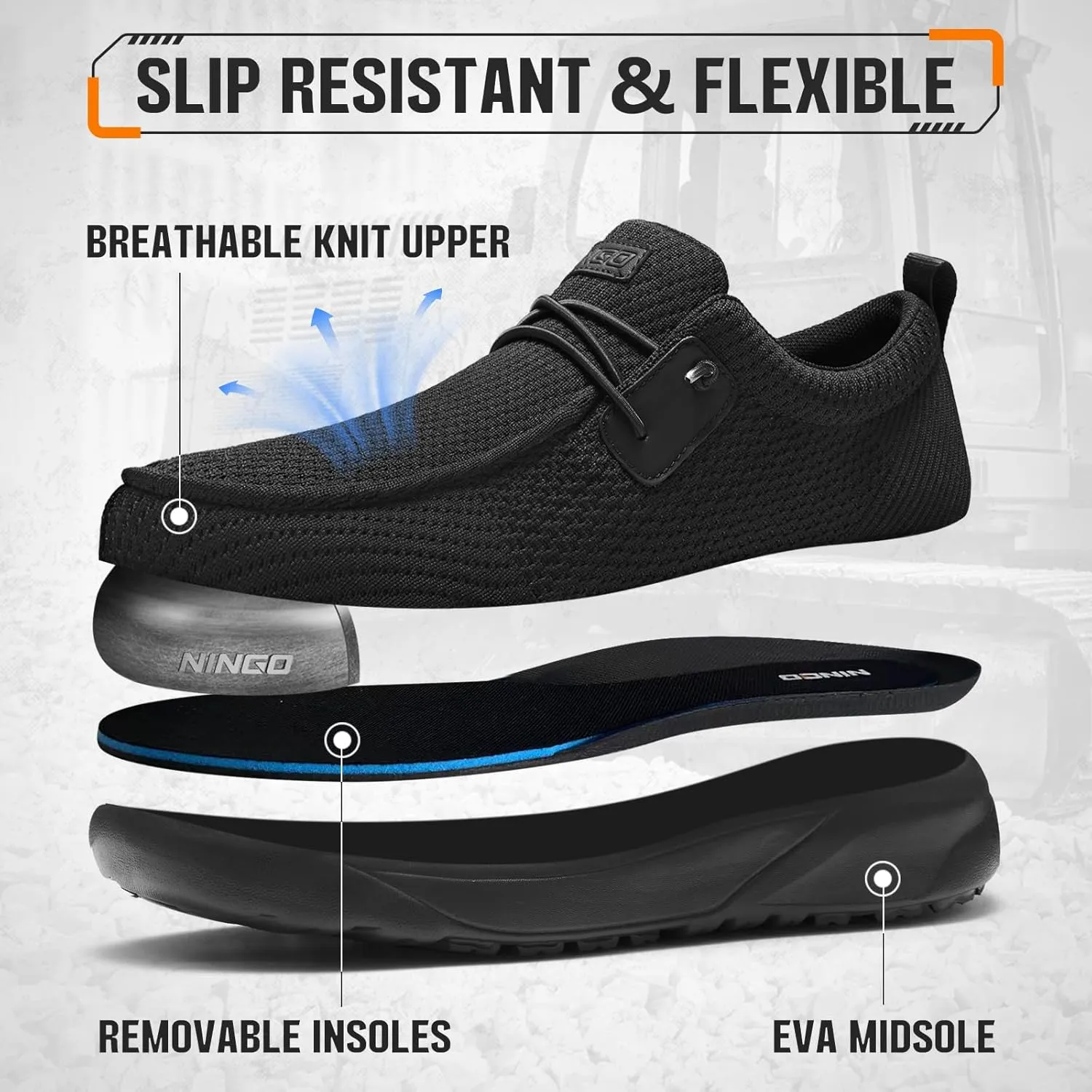 NINGO Steel Toe Shoes for Men, Women Work Shoes, Indestructible Slip on Safety Shoes, Comfortable Lightweight Steel Toe Sneakers Loafers, Oil & Slip Resistant Construction with EH Protection