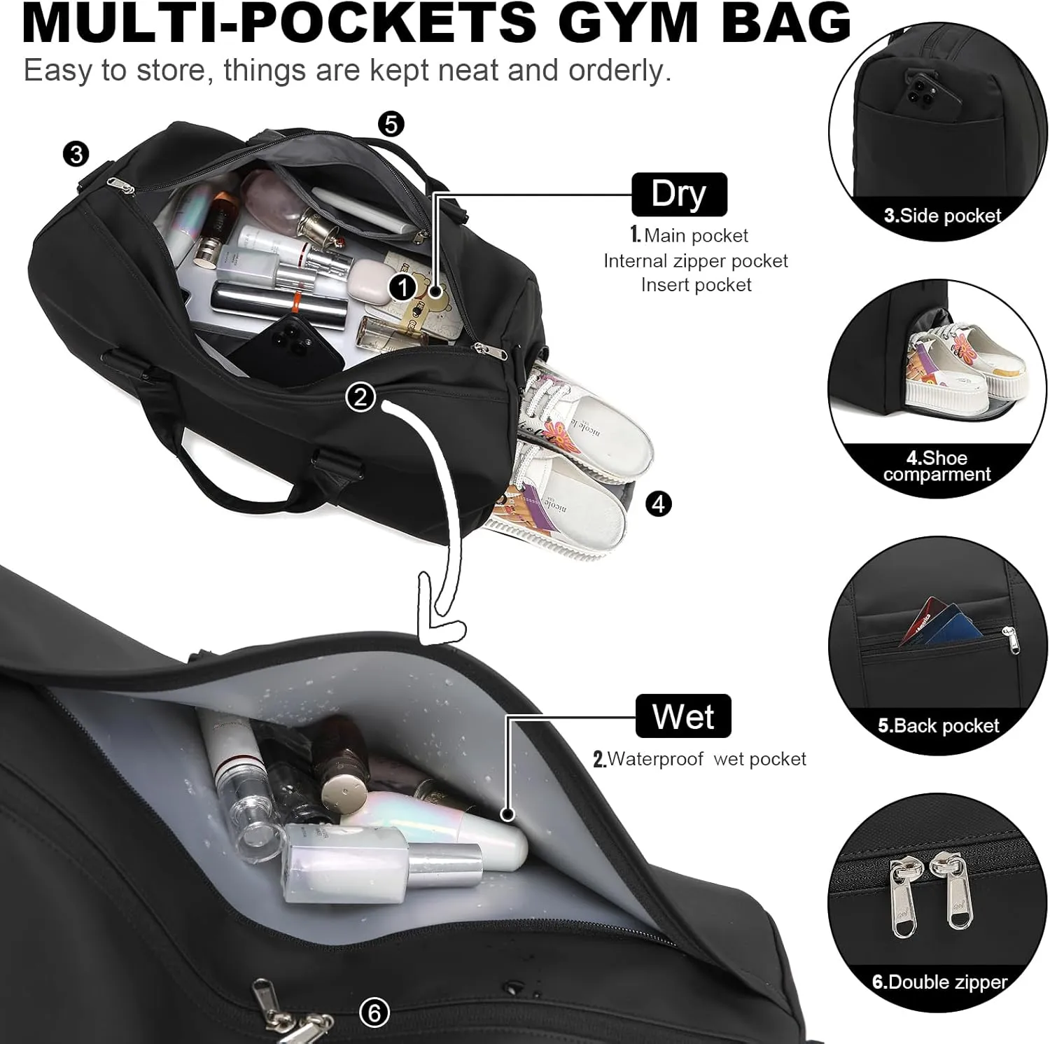 NOL Waterproof Gym Duffle Bag for Men & Women with Shoe & Wet Compartments, Multiple Pockets | Adjustable Shoulder Strap for Sports, Travel, Fitness, Workout & Hospital Use, Black