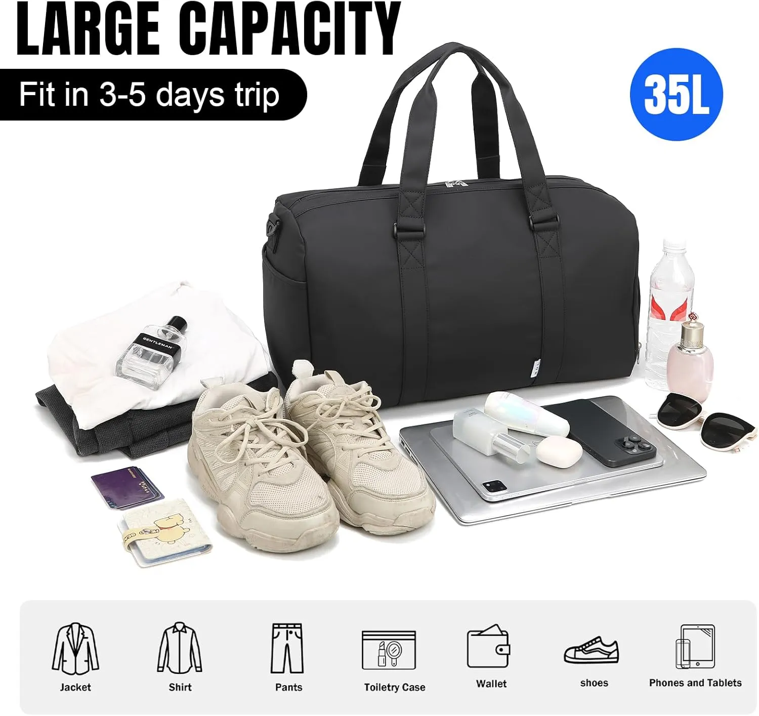 NOL Waterproof Gym Duffle Bag for Men & Women with Shoe & Wet Compartments, Multiple Pockets | Adjustable Shoulder Strap for Sports, Travel, Fitness, Workout & Hospital Use, Black
