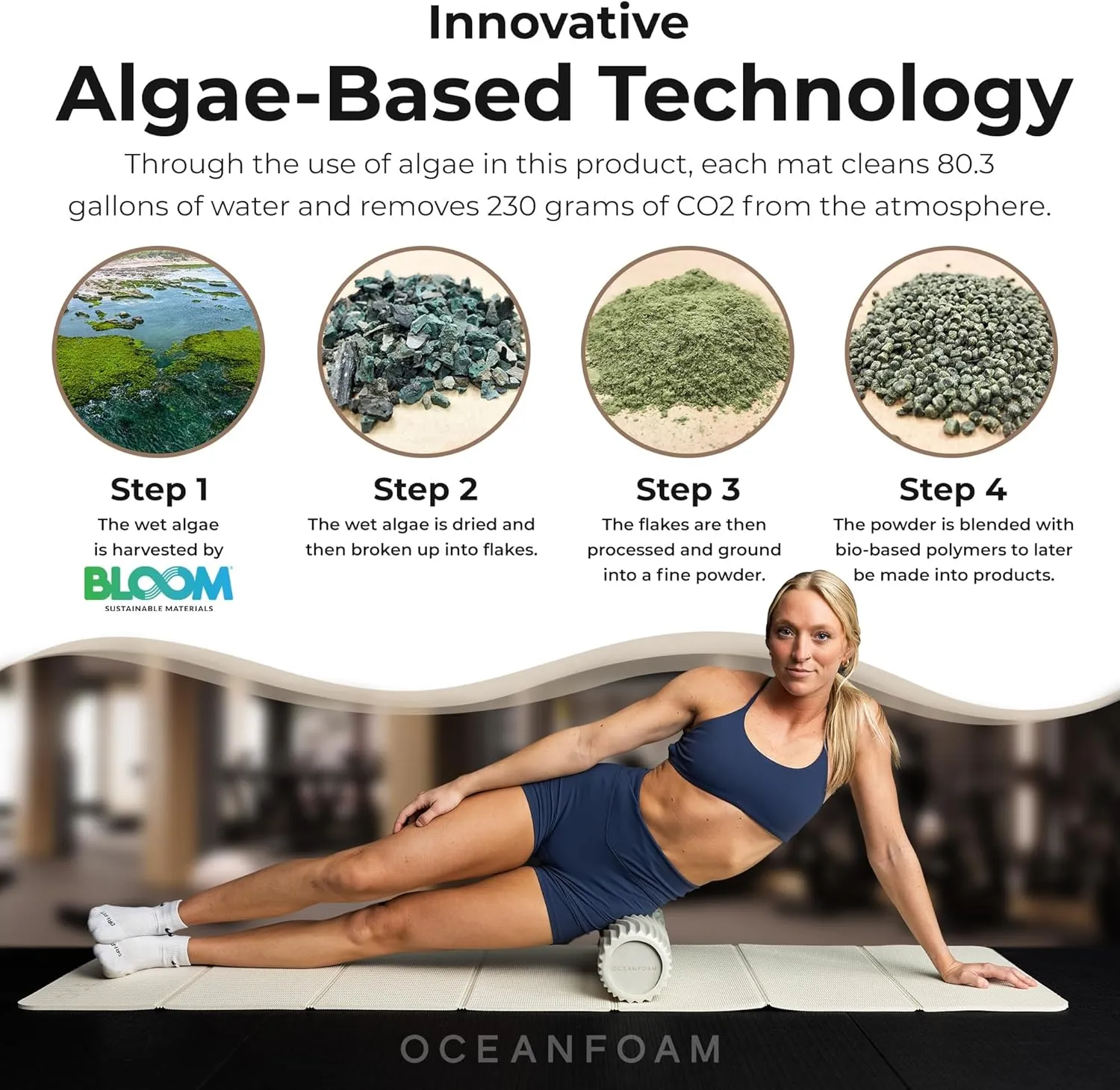 Oceanfoam Travel Workout Mat – Thick Folding Exercise Mat for Yoga, Pilates, & Fitness – Non-Slip with Cotton Carrying Strap, Made with Sustainable Algae Foam