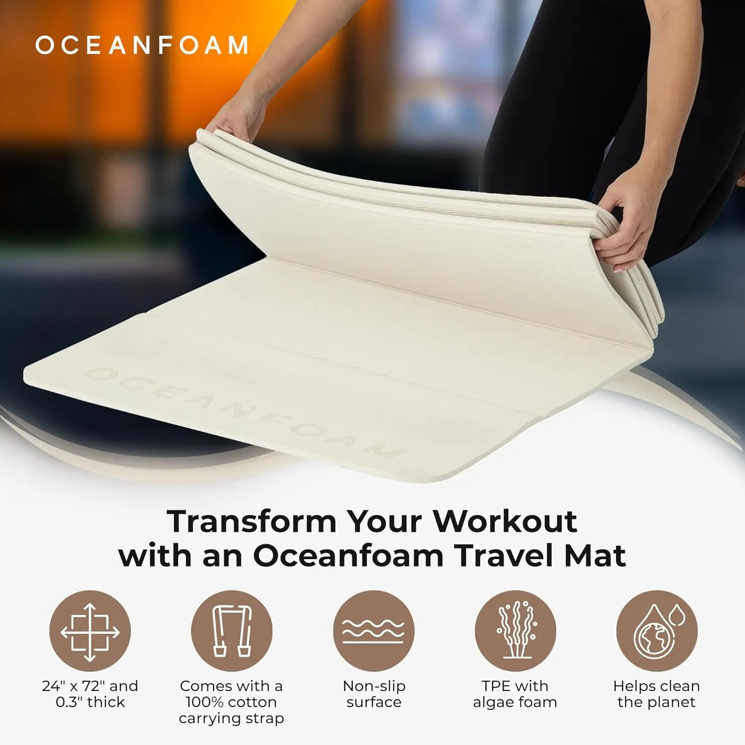Oceanfoam Travel Workout Mat – Thick Folding Exercise Mat for Yoga, Pilates, & Fitness – Non-Slip with Cotton Carrying Strap, Made with Sustainable Algae Foam