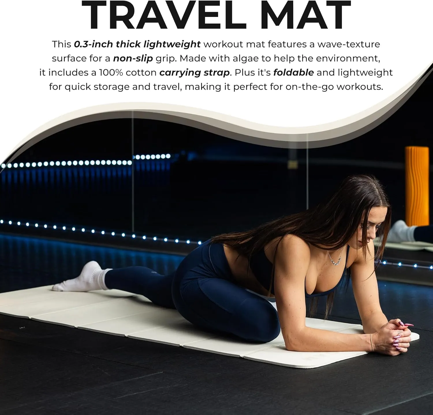 Oceanfoam Travel Workout Mat – Thick Folding Exercise Mat for Yoga, Pilates, & Fitness – Non-Slip with Cotton Carrying Strap, Made with Sustainable Algae Foam