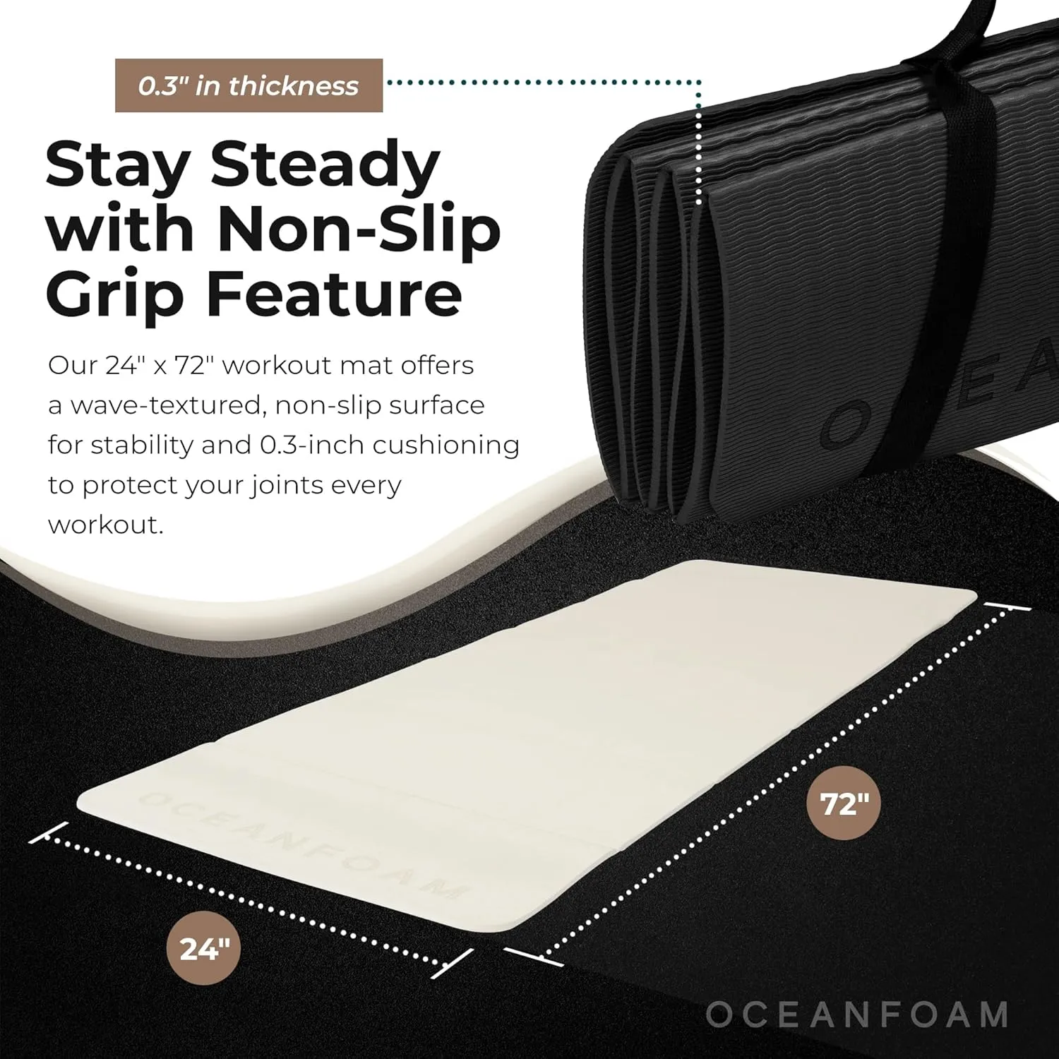 Oceanfoam Travel Workout Mat – Thick Folding Exercise Mat for Yoga, Pilates, & Fitness – Non-Slip with Cotton Carrying Strap, Made with Sustainable Algae Foam