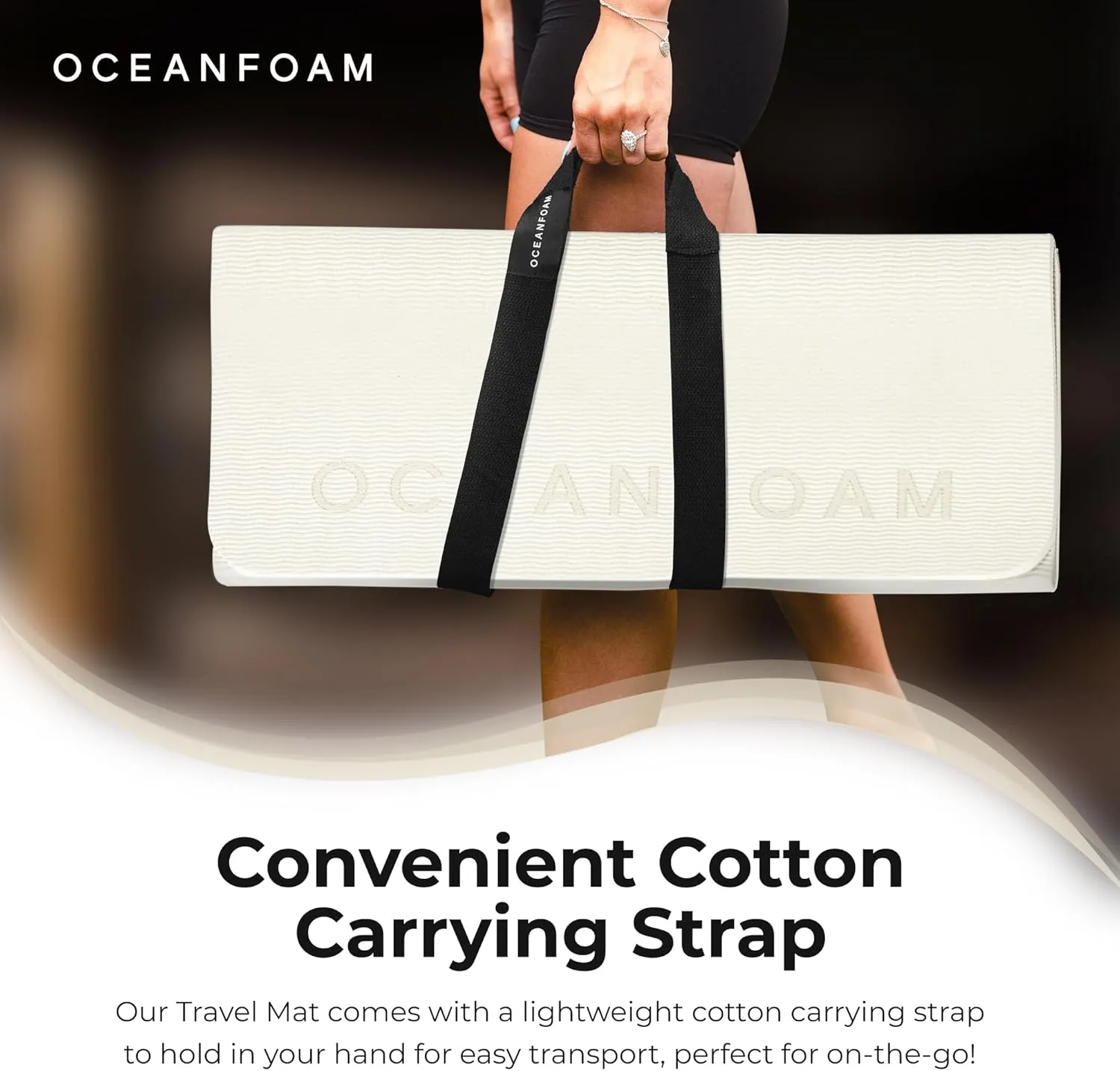 Oceanfoam Travel Workout Mat – Thick Folding Exercise Mat for Yoga, Pilates, & Fitness – Non-Slip with Cotton Carrying Strap, Made with Sustainable Algae Foam