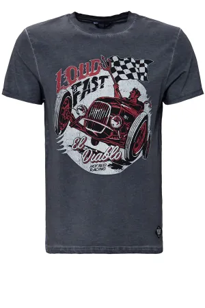 Oil Washed Print T-Shirt im Used Look «Loud & Fast»