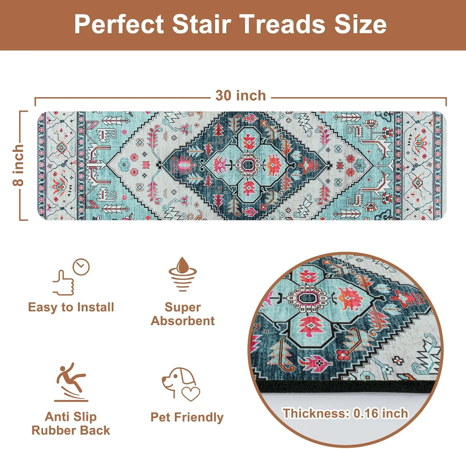 OJIA Non-Slip Stair Treads for Wooden Steps, 30"X8" Indoor Stair Runner Slip Resistant Stair Rugs Safety Mats for Dogs, Kids & Elders, Rubber Backed Stair Treads Stair Covers, 15PCS