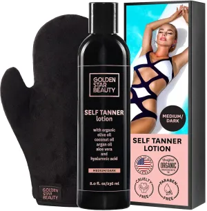 Organic Self Tanning Lotion for Natural Looking Tan-Fake Tan-Best Sunless Tanning Lotion for Bronze Skin-Best Self Tanners for Face and Body-with Tanning Mitt