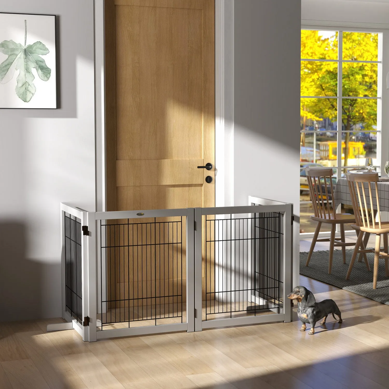 Pawhut Wooden Dog Gate Foldable Pet Fence For Small & Medium Dogs 4 Panel With Support Feet Freestan|Pawhut Barriere De Chien En Bois Pliable Pour Chiens, 4 Panneaux Avec Pieds De Support, Barriere De