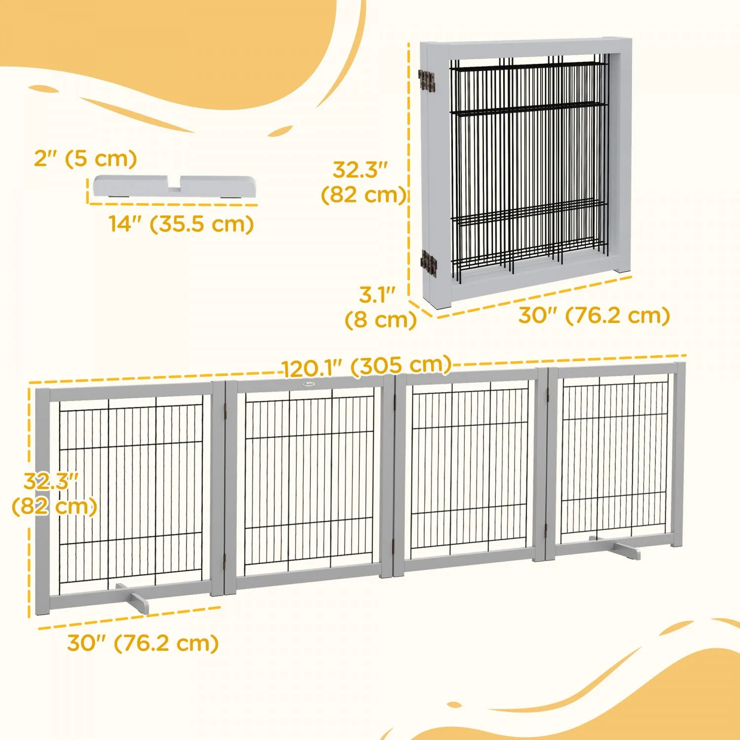 Pawhut Wooden Dog Gate Foldable Pet Fence For Small & Medium Dogs 4 Panel With Support Feet Freestan|Pawhut Barriere De Chien En Bois Pliable Pour Chiens, 4 Panneaux Avec Pieds De Support, Barriere De
