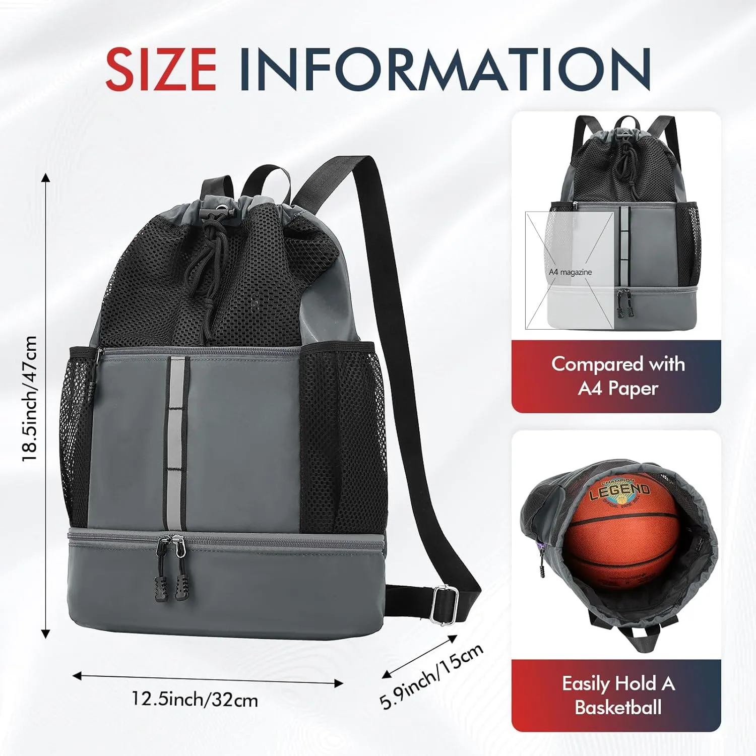 PinCute Drawstring Gym Bag for Men/Women - Mesh Beach Swim Bags Sports Backpack with Wet Pocket&Shoe Compartment, Lightweight